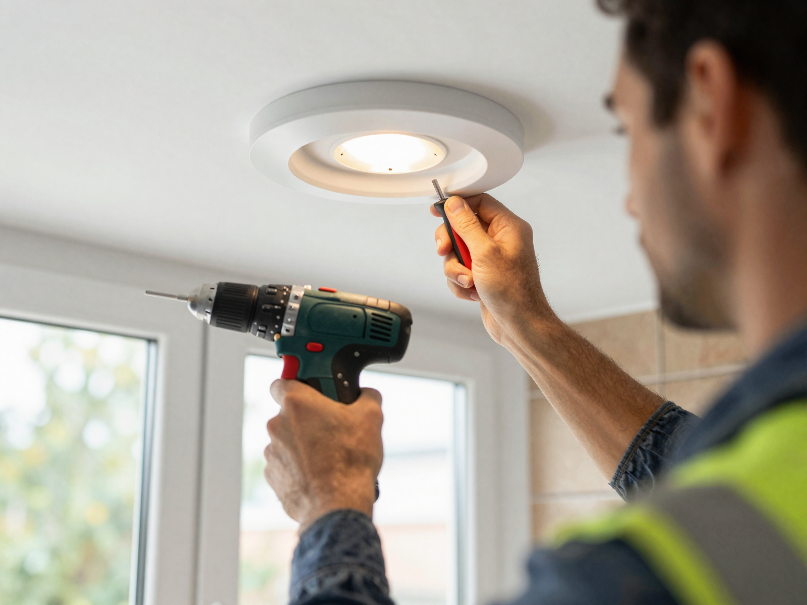 Electrician installing recessed lighting in residential kitchen